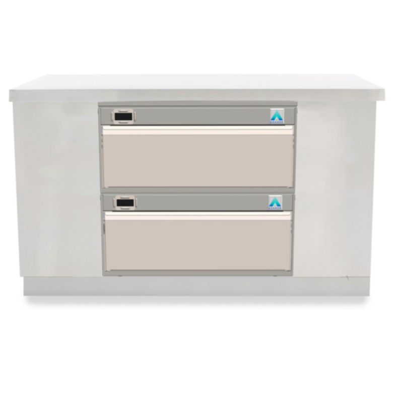 Adande VCR2 34.6" Double Drawer Refrigerated Freezer Stand with Two Ice Drawer Units in a Kitchen Setting