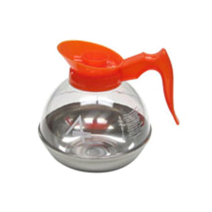 Alt Tag: Adcraft CDP-OR 64 oz. Coffee Decanter with Orange Handle, clear decanter with orange handle and stainless steel base