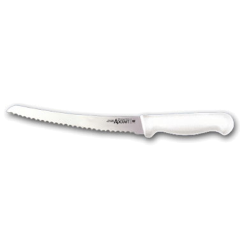 Curved Wavy Edge Bread Knife With White Handle And Serrated Blade For Smooth Slicing In Commercial Kitchens
