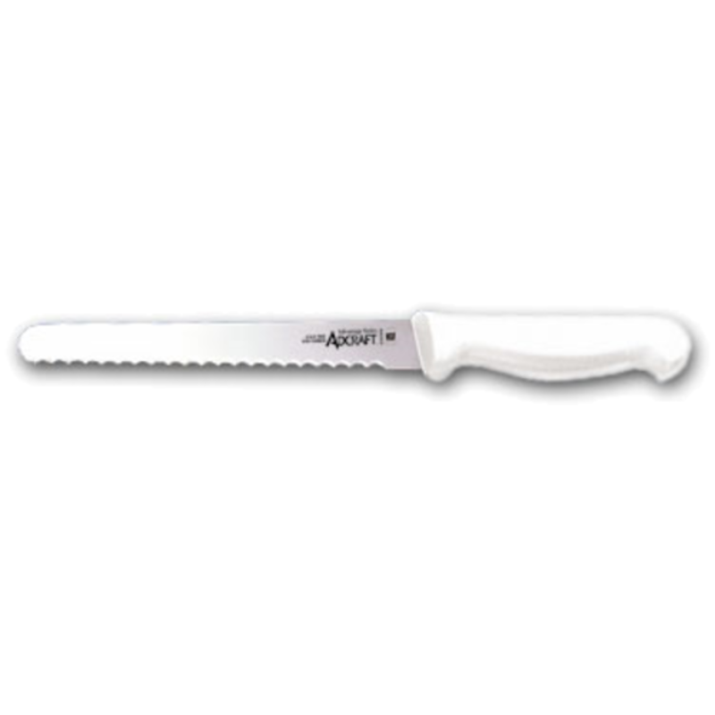 Adcraft Advantage Series 8 Inch Serrated Slicer Knife With White Handle And Wavy Blade For Precise Cutting