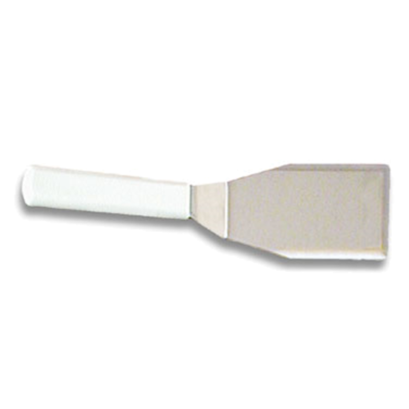 Solid Hamburger Turner With Stainless Steel Blade And White Handle For Flipping Burgers.