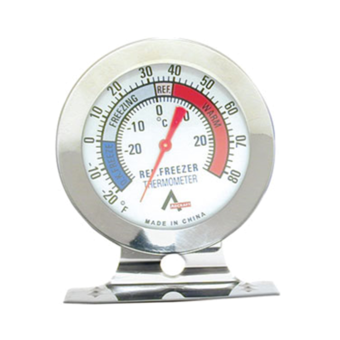 Adcraft FT-3 Stainless Steel Refrigerator Freezer Thermometer Displaying Temperature Readings.