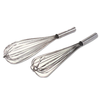 Two 36 inch stainless steel French whip whisks with rigid wire design for efficient mixing in large bowls and pots.