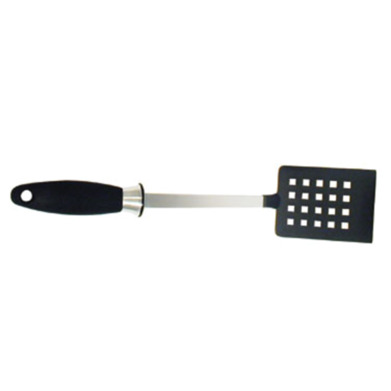 Perforated Stainless Steel Turner With Black Handle For Flipping And Lifting Foods