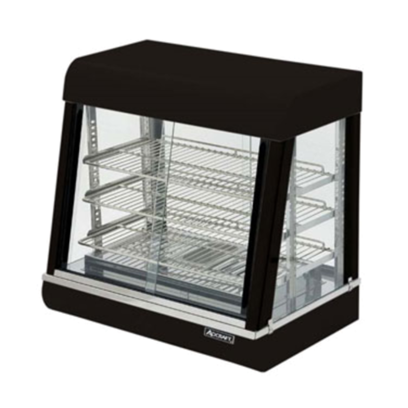 Adcraft HD-26 Countertop Heated Food Display Case Featuring Clear Glass Doors And Multiple Shelves