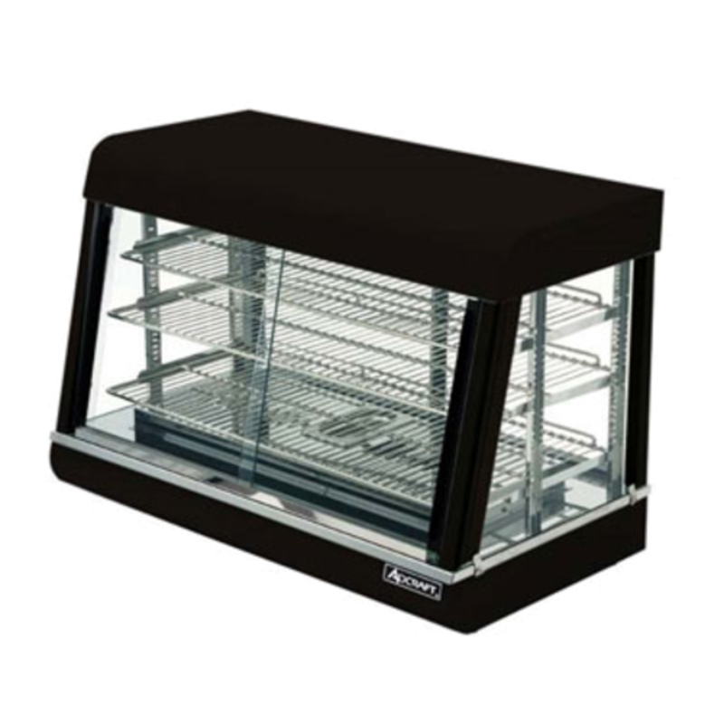 Countertop Heated Display Case With Glass Doors And Shelves For Merchandising Hot Foods