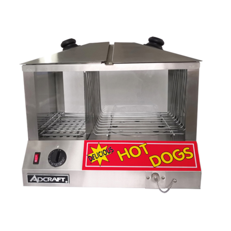 Adcraft HDS-1300W/100 Hot Dog Bun Steamer With A Red Sign Displays Delicious Hot Dogs