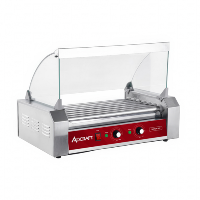 Adcraft HRG-07 7-roller hot dog grill with 18 dog capacity and glass dome for visibility.