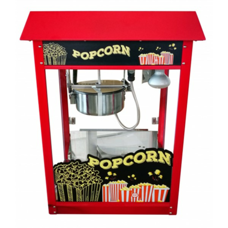 8 oz popcorn popper machine with red design, featuring a clear view of the popping kettle and popcorn graphics.