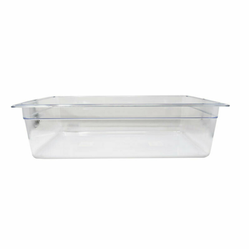 Alt Tag: Omcan 80078 1/4 Size 100mm Clear Durable Plastic Food Pan clear polycarbonate 1/4 size food pan for commercial kitchen storage