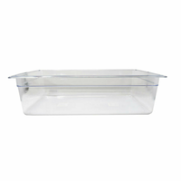 Alt Tag: Omcan 80078 1/4 Size 100mm Clear Durable Plastic Food Pan clear polycarbonate 1/4 size food pan for commercial kitchen storage