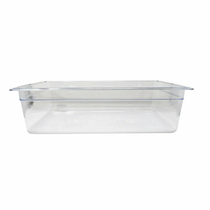 Alt Tag: Omcan 80078 1/4 Size 100mm Clear Durable Plastic Food Pan clear polycarbonate 1/4 size food pan for commercial kitchen storage
