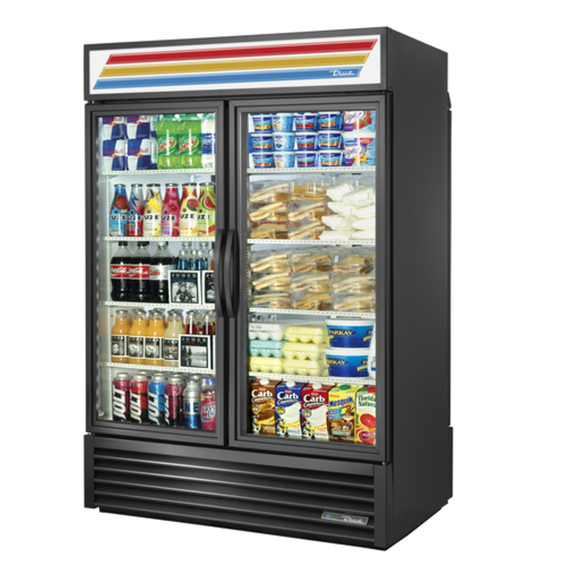 True GDM-49RL-HC~TSL01 54 Inch Rear-Load Glass Door Refrigerator Displaying Assorted Beverages And Snacks