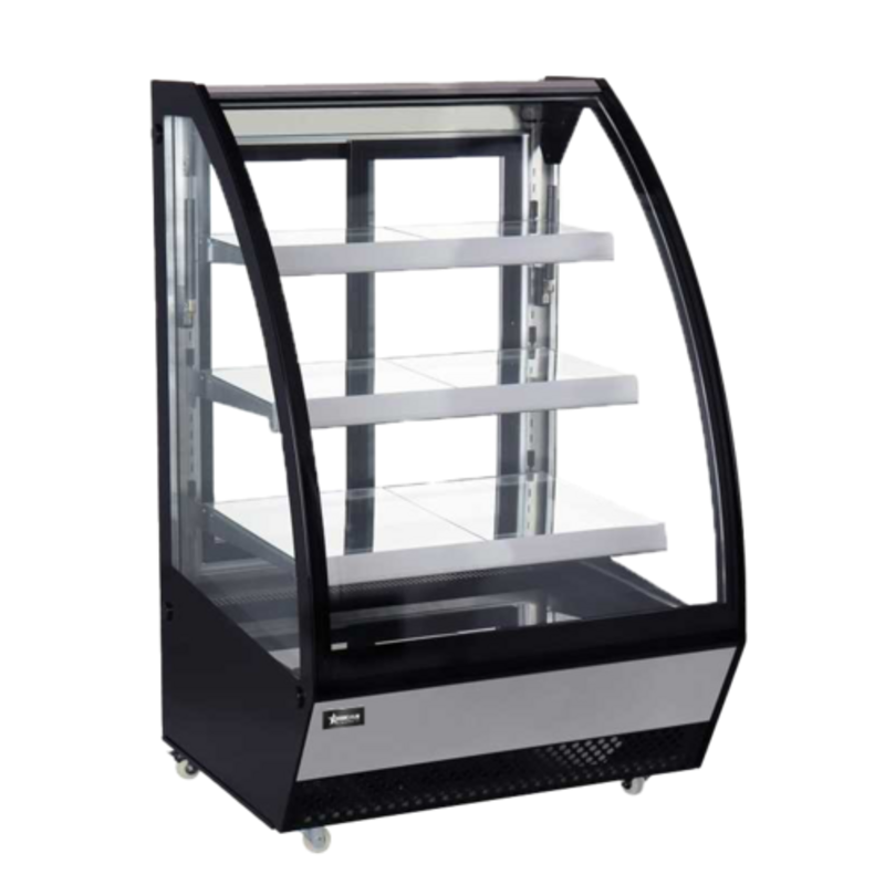 Refrigerated Curved Glass Display Case With Shelves For Desserts And Beverages