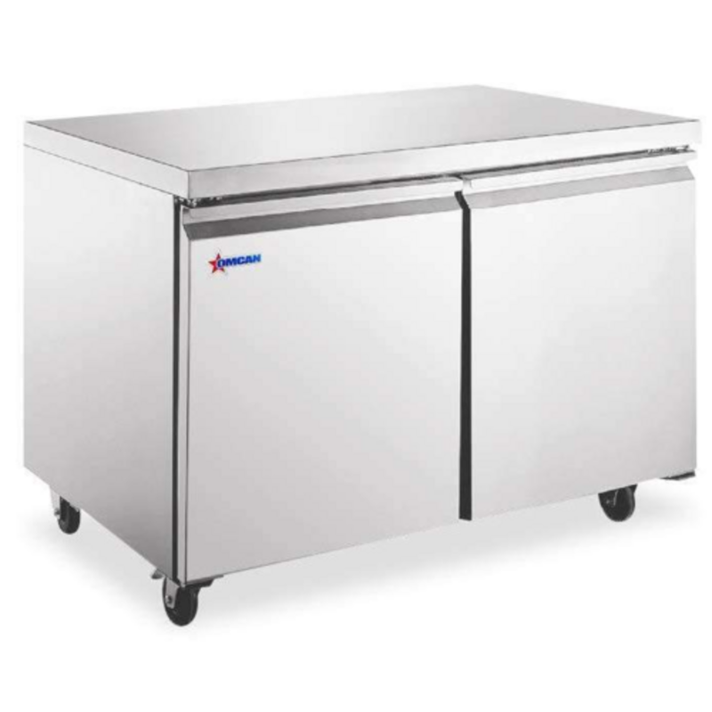 Omcan 50102 36" Two-Door Undercounter Commercial Stainless Steel Refrigerator for efficient food storage.