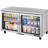 True 60 3/8 Inch Two Section Glass Door Undercounter Refrigerator With Food And Beverages