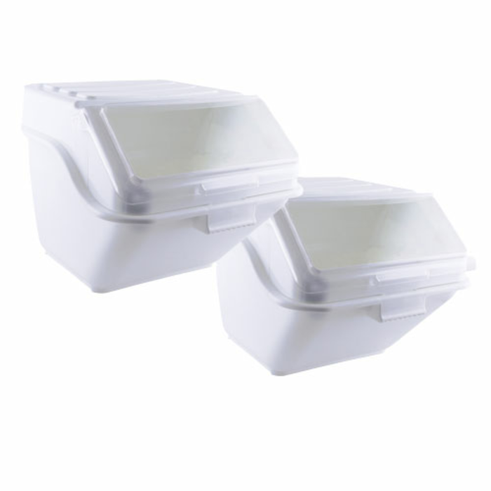 Alt Tag: Omcan 80989 15.8 Gallon (60 L) Mobile Ingredient Storage Bin white plastic bulk food container with clear flip lid