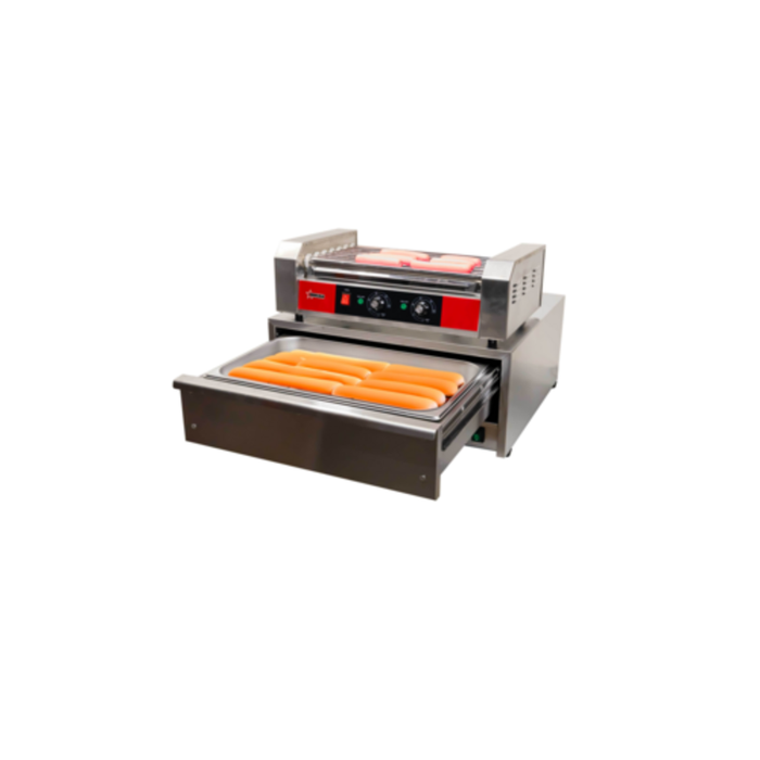 OMCAN 44691 7-Roller Hot Dog Grill with Dual Temperature Control commercial roller grill with stainless steel rollers cooking hot dogs