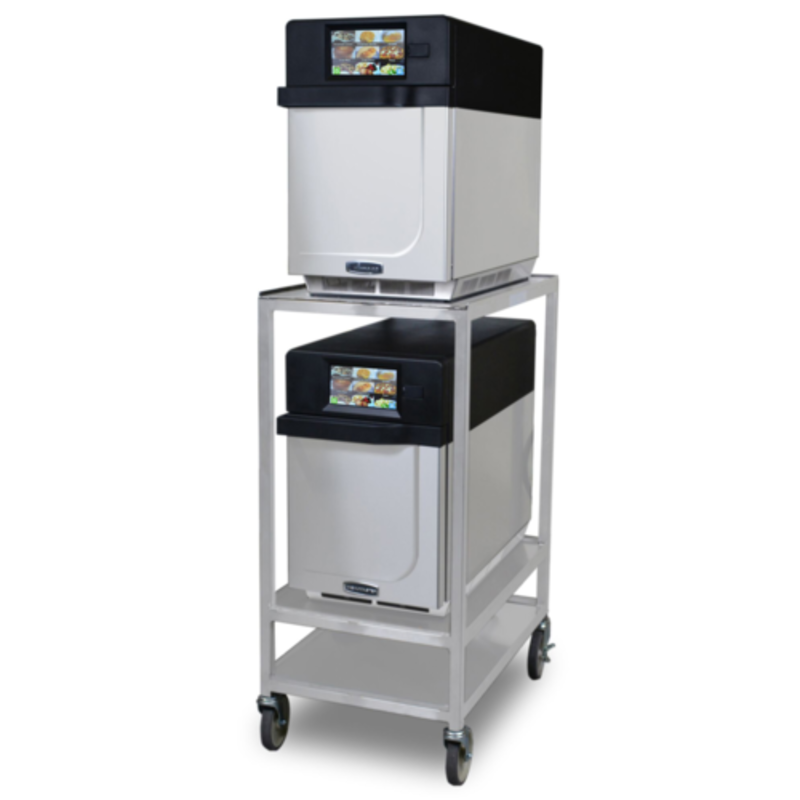 Amana SC10R Microwave Oven Specifications Displayed On A Two-Tier Shelf With Wheels.