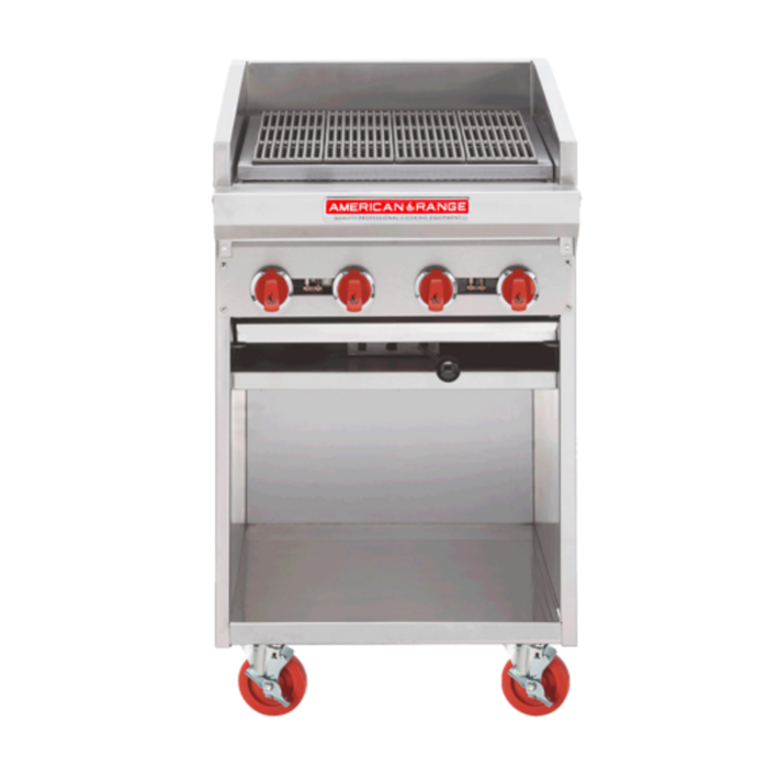 Alt Tag: American Range ADJF-48 48-Inch Gas Floor Model Charbroiler stainless steel commercial charbroiler with control knobs and casters