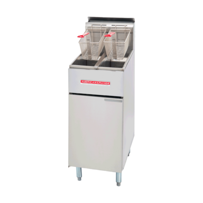 Alt Tag: American Range Gas Floor Model 50 lb. Capacity Split Pot Fryer with dual fry baskets and split pot design, front view