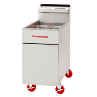 Alt Tag: American Range AF-75 75 lb. Capacity Full Pot Gas Fryer stainless steel commercial floor fryer with casters, front view