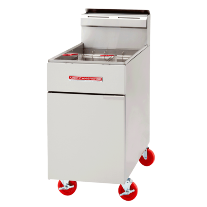 Alt Tag: American Range AF-75 75 lb. Capacity Full Pot Gas Fryer stainless steel commercial floor fryer with casters, front view