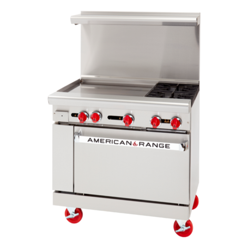 Alt Tag: American Range 36" Wide Gas Restaurant Range with 2 Burners with griddle, stainless steel commercial range with oven and red knobs