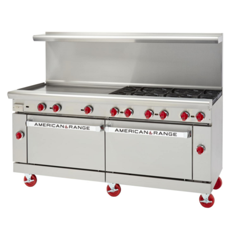 Alt Tag: American Range AR-36G-6B 72" Wide Gas Restaurant Range with Griddle with 6 open burners, 36" griddle and dual ovens