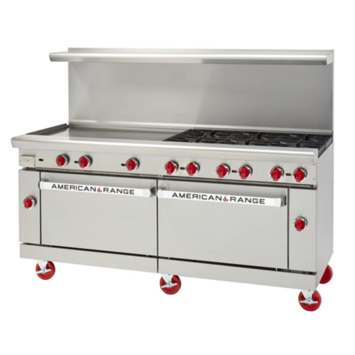 Alt Tag: American Range AR-36G-6B 72" Wide Gas Restaurant Range with Griddle with 6 open burners, 36" griddle and dual ovens