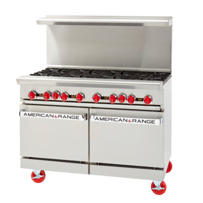 Alt Tag: American Range AR-48G 48" Restaurant Gas Range with Griddle stainless steel commercial kitchen range with red knobs and double ovens