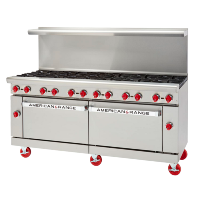 Alt Tag: American Range AR-48G-4B 72" Heavy-Duty Gas Restaurant Range stainless steel commercial range with open burners and double ovens