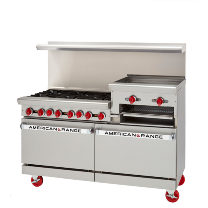 American Range 36-inch 183,000 BTU Gas Restaurant Range stainless steel commercial range with open burners, griddle, and oven