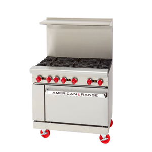 Alt Tag: American Range 36-Inch Six-Burner Gas Restaurant Range with Standard Oven stainless steel commercial range with six burners and standard oven