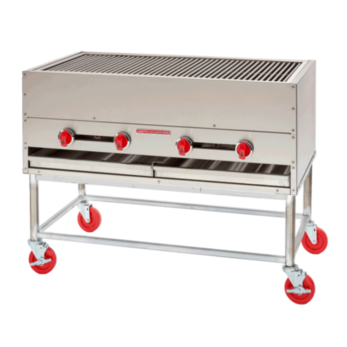 Alt Tag: American Range AR-CCB 48" Countertop Gas Horizontal Chicken Broiler stainless steel 48-inch countertop chicken broiler with control knobs