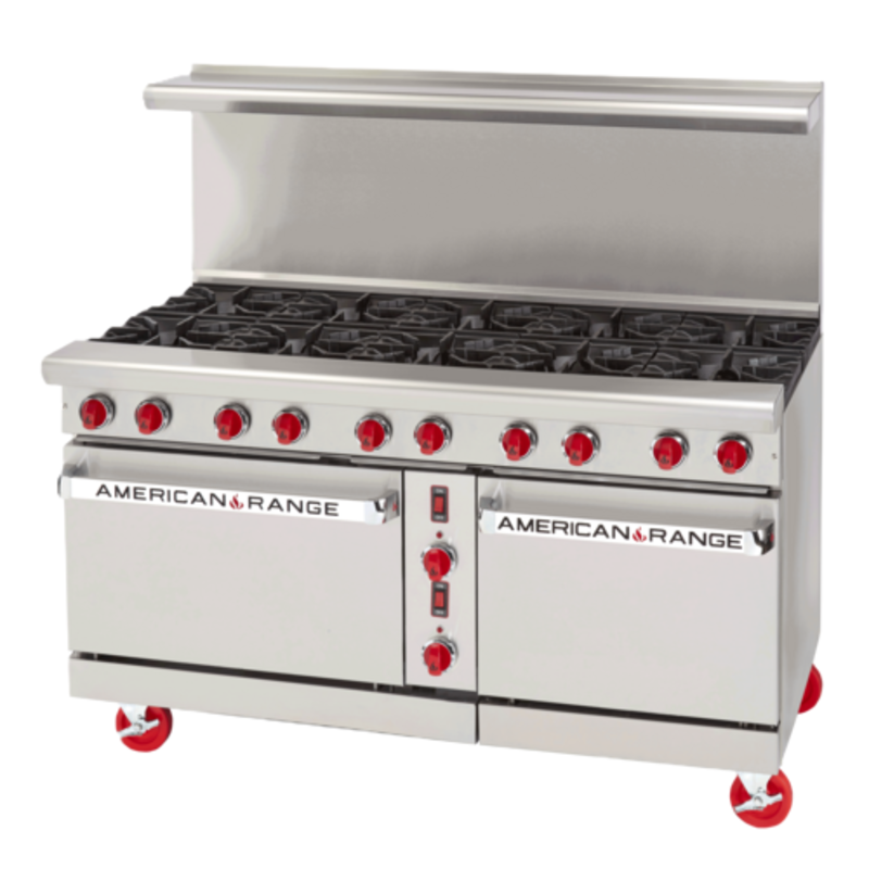 American Range ARGF-24G-6B-126L 60 Inch Gas Restaurant Range With Griddle Showcasing Open Burners And Two Ovens