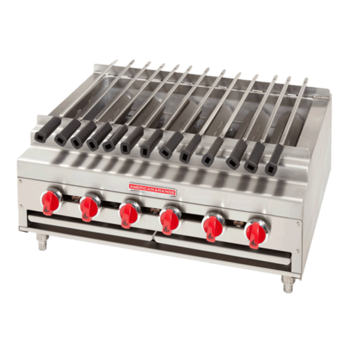 Alt Tag: American Range ARKB Series 48-Inch Countertop Gas Kebob Broiler stainless steel countertop kebob broiler with skewers and red knobs