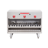 Étiquette alternative : American Range 36" Broiler brésilien à embrochette à gaz brésilien vue de face Gril à salamandre en acier inoxydable de 36 pouces