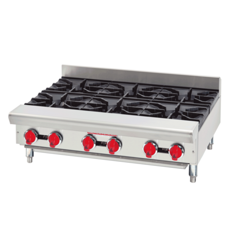 American Range ARSHP-24-2 24" Width Gas Countertop Hot Plate commercial stainless steel hot plate with 4 burners and red control knobs