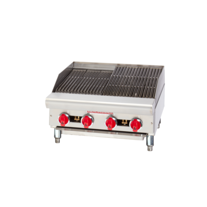 American Range ARSRB-12 Countertop Radiant Gas Charbroiler With Stainless Steel Front And Three Control Knobs