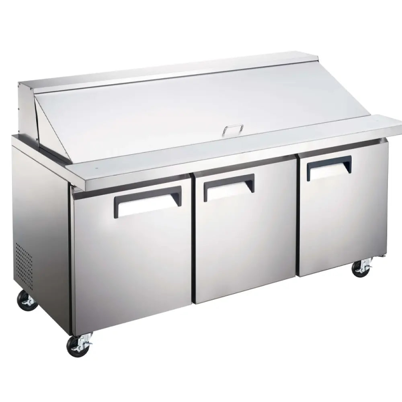 Ancaster 70.4 Inch Three Door Refrigerated Mega Top Prep Table With Wide Prep Surface And Refrigerated Base Storage.