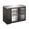Alt Tag: Ancaster 49-inch Two Section Glass Door Back Bar Cooler with two glass doors, stainless top, and adjustable wire shelves