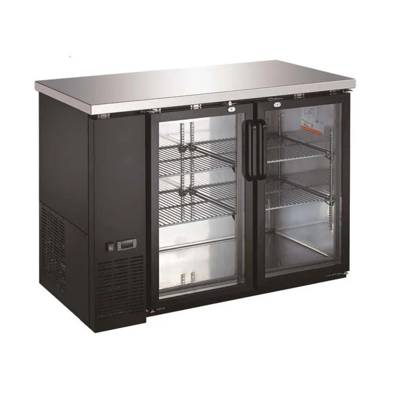 Alt Tag: Ancaster 49-inch Two Section Glass Door Back Bar Cooler with two glass doors, stainless top, and adjustable wire shelves