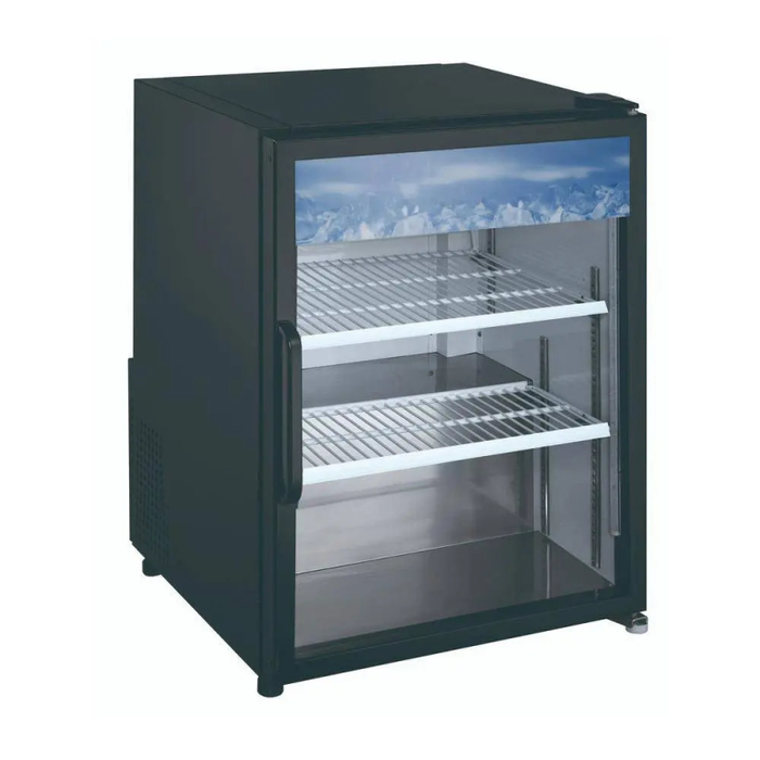 Alt Tag: Ancaster AFE 24.4" Countertop Glass Door Merchandiser Refrigerator Cooler compact black display fridge with glass door and wire shelves