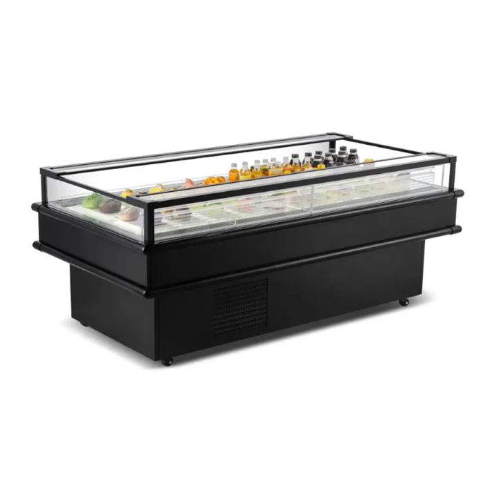 Alt Tag: Ancaster AFE IC85 refrigerated island display merchandiser 10 cu. ft. open-top island case with glass sides for chilled product display