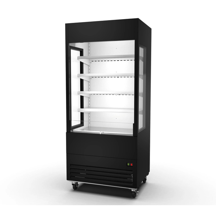 Ancaster Food Equipment 36" Glass Sided Open Air Merchandiser Refrigerator black grab-and-go display fridge with glass sides and shelves