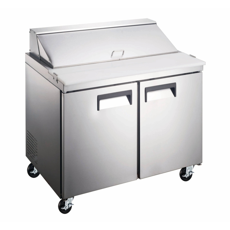 Alt Tag: Ancaster AFE-PTS-36 36 Inch Commercial Sandwich Salad Prep Table stainless steel refrigerated prep table with dual doors