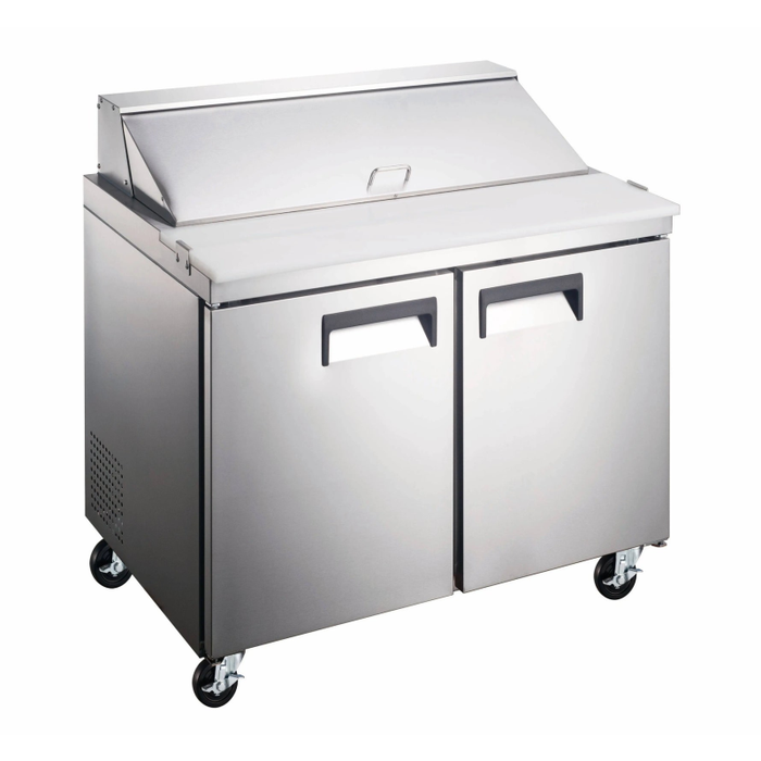 Alt Tag: Ancaster AFE-PTS-36 36 inch refrigerated sandwich salad prep table stainless steel commercial prep counter with dual doors