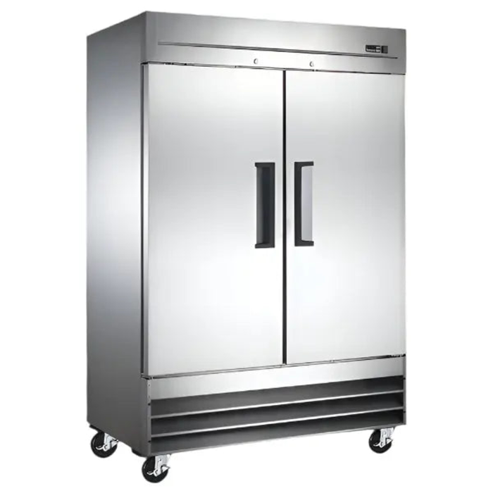 Alt Tag: Ancaster AFE SC47 two door reach in refrigerator 54-inch two-door solid stainless commercial reach-in fridge on casters