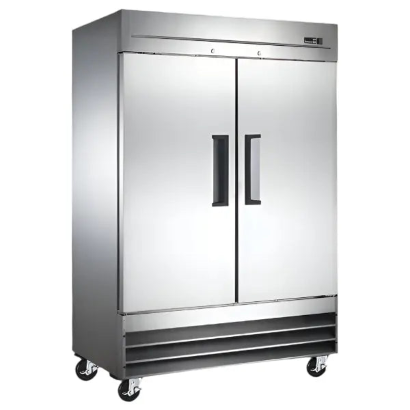 Alt Tag: Ancaster AFE SC47 54" Two-Door Solid Reach-In Refrigerator stainless steel commercial upright fridge with solid doors